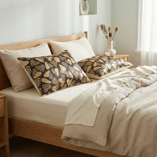 Taies d’oreiller en soie style léopard cœur posées sur un lit en bois clair avec linge de lit blanc cassé