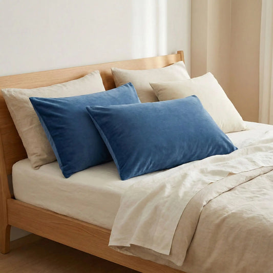 Taies d’oreiller en velours bleu posées sur un lit en bois clair avec linge de lit blanc cassé