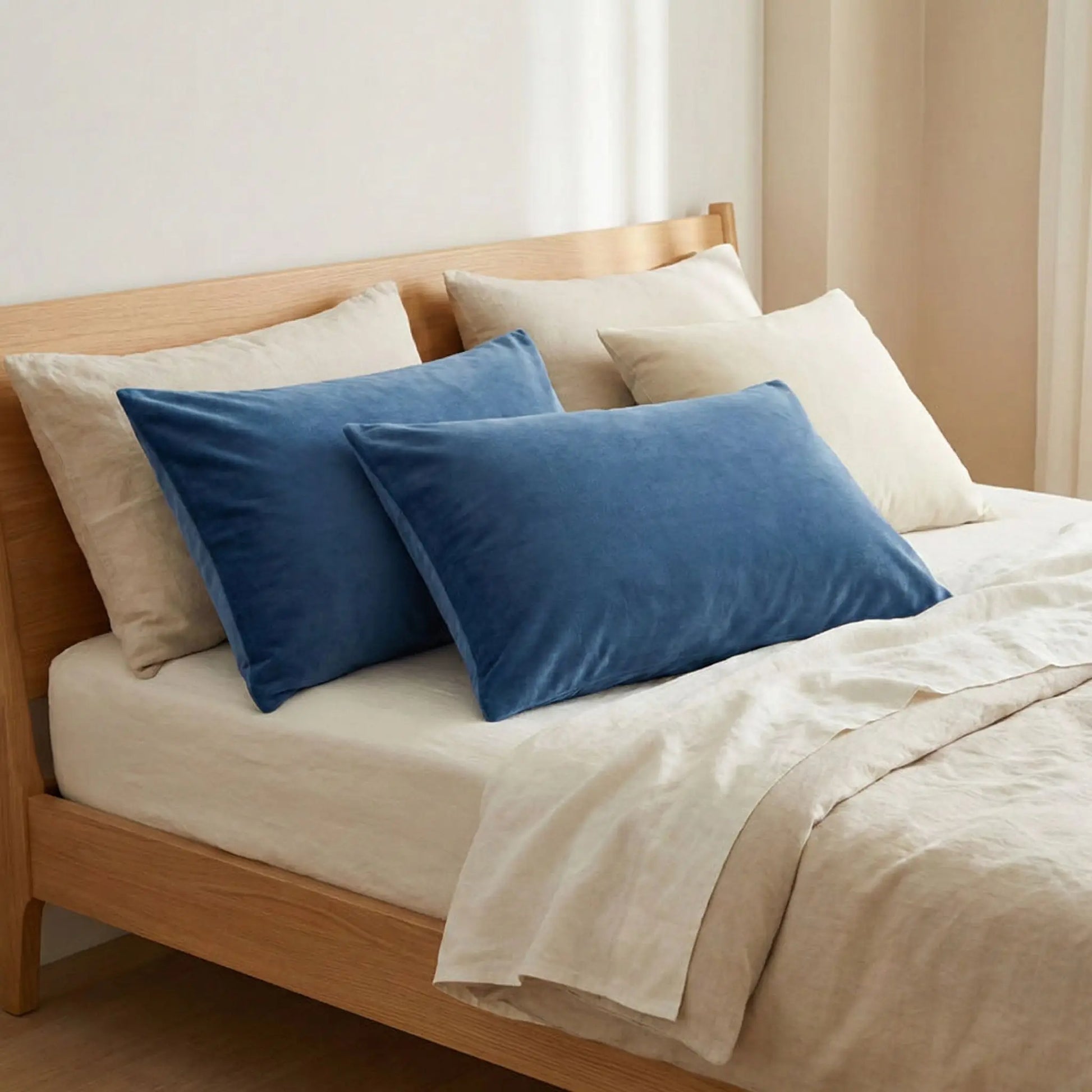 Taies d’oreiller en velours bleu posées sur un lit en bois clair avec linge de lit blanc cassé