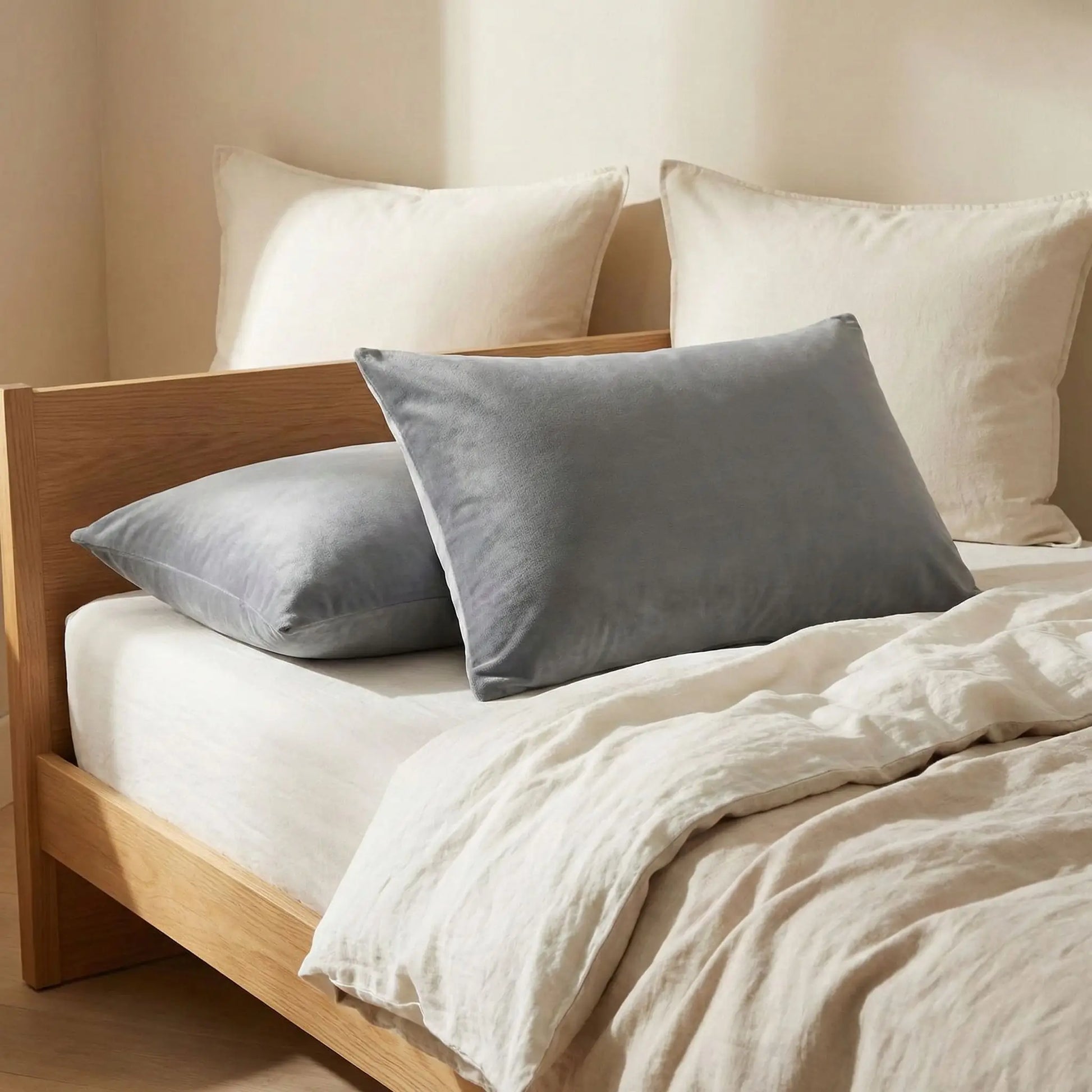 Taies d’oreiller en velours gris posées sur un lit en bois clair avec linge de lit blanc cassé