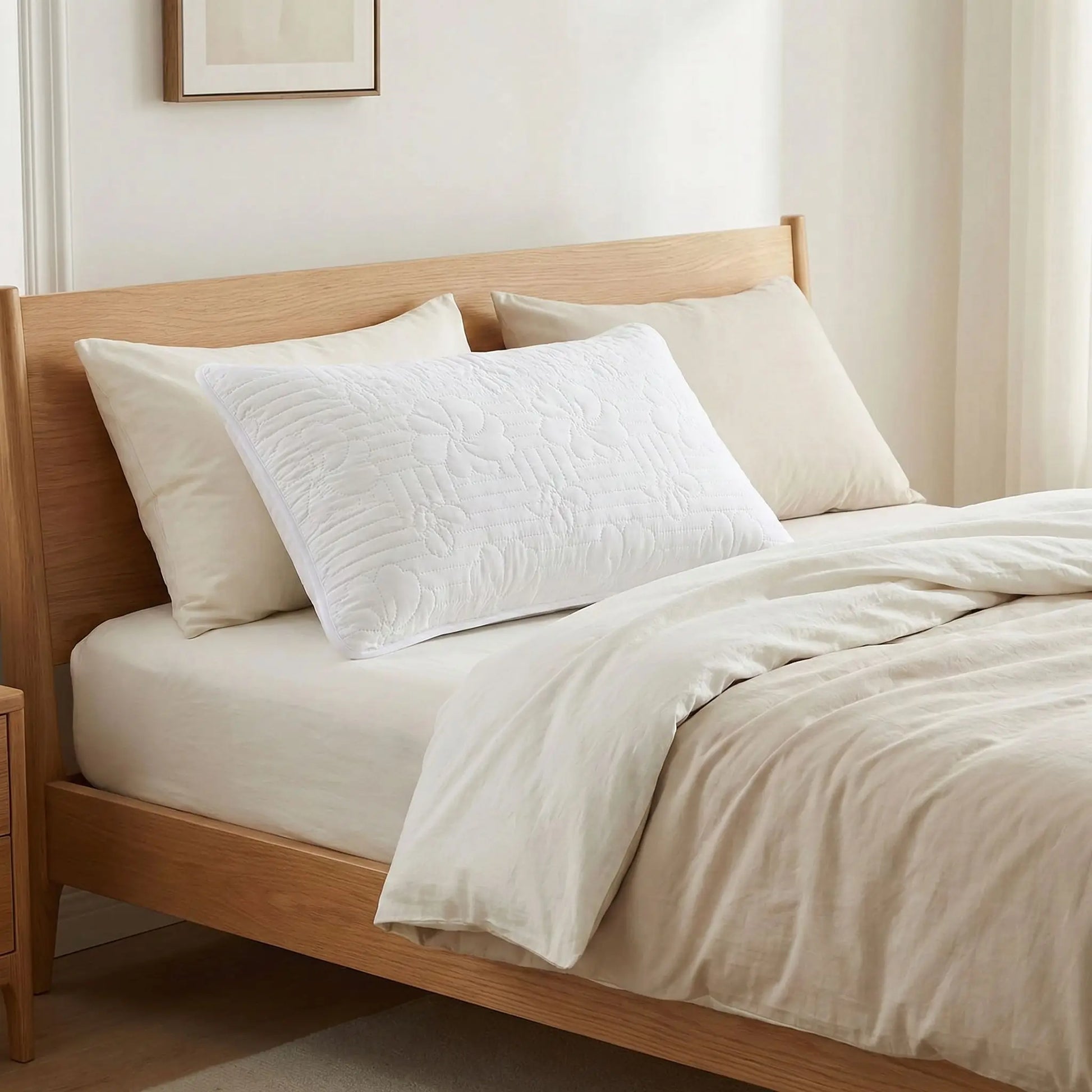 Taies d’oreiller imperméables blanches posées sur un lit en bois clair avec linge de lit blanc cassé