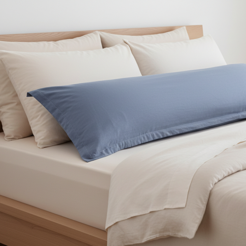 Taies de traversin en coton et lin bleu posées sur un lit en bois clair avec linge de lit blanc cassé