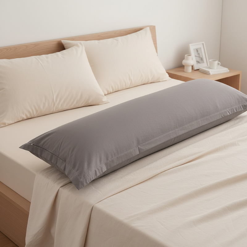 Taies de traversin en coton et lin grises posées sur un lit en bois clair avec linge de lit blanc cassé