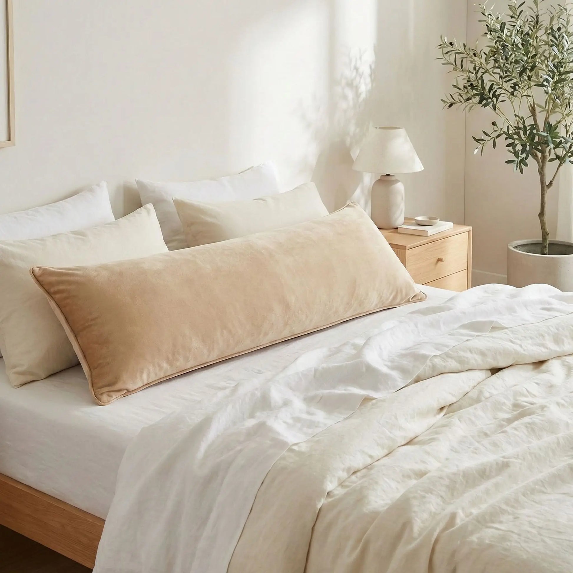 Taies de traversin en flanelle beige posées sur un lit en bois clair avec linge de lit blanc cassé