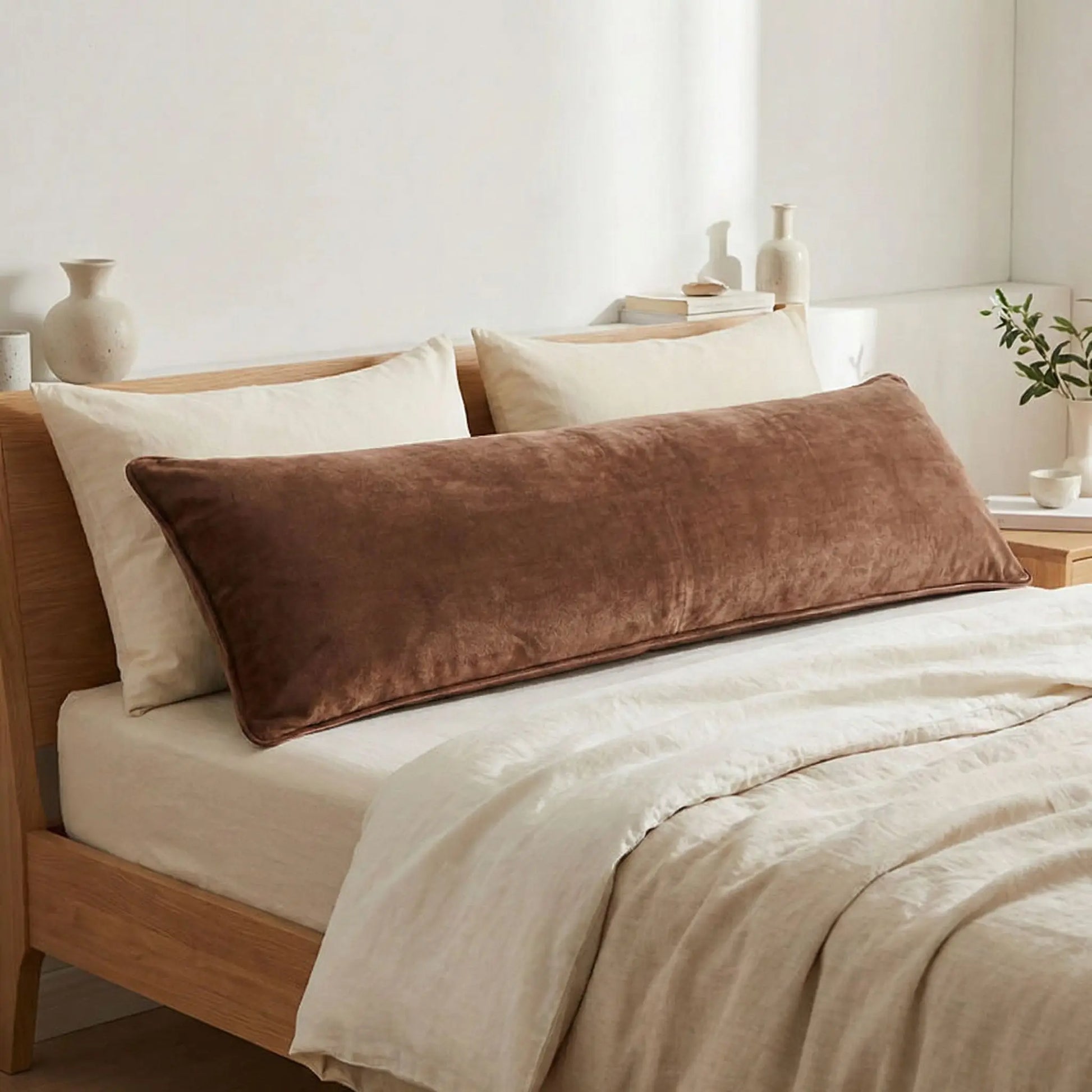 Taies de traversin en flanelle marron posées sur un lit en bois clair avec linge de lit blanc cassé