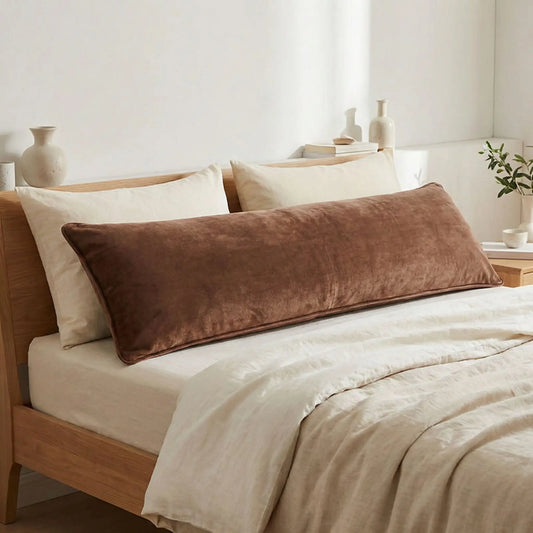 Taies de traversin en flanelle marron posées sur un lit en bois clair avec linge de lit blanc cassé