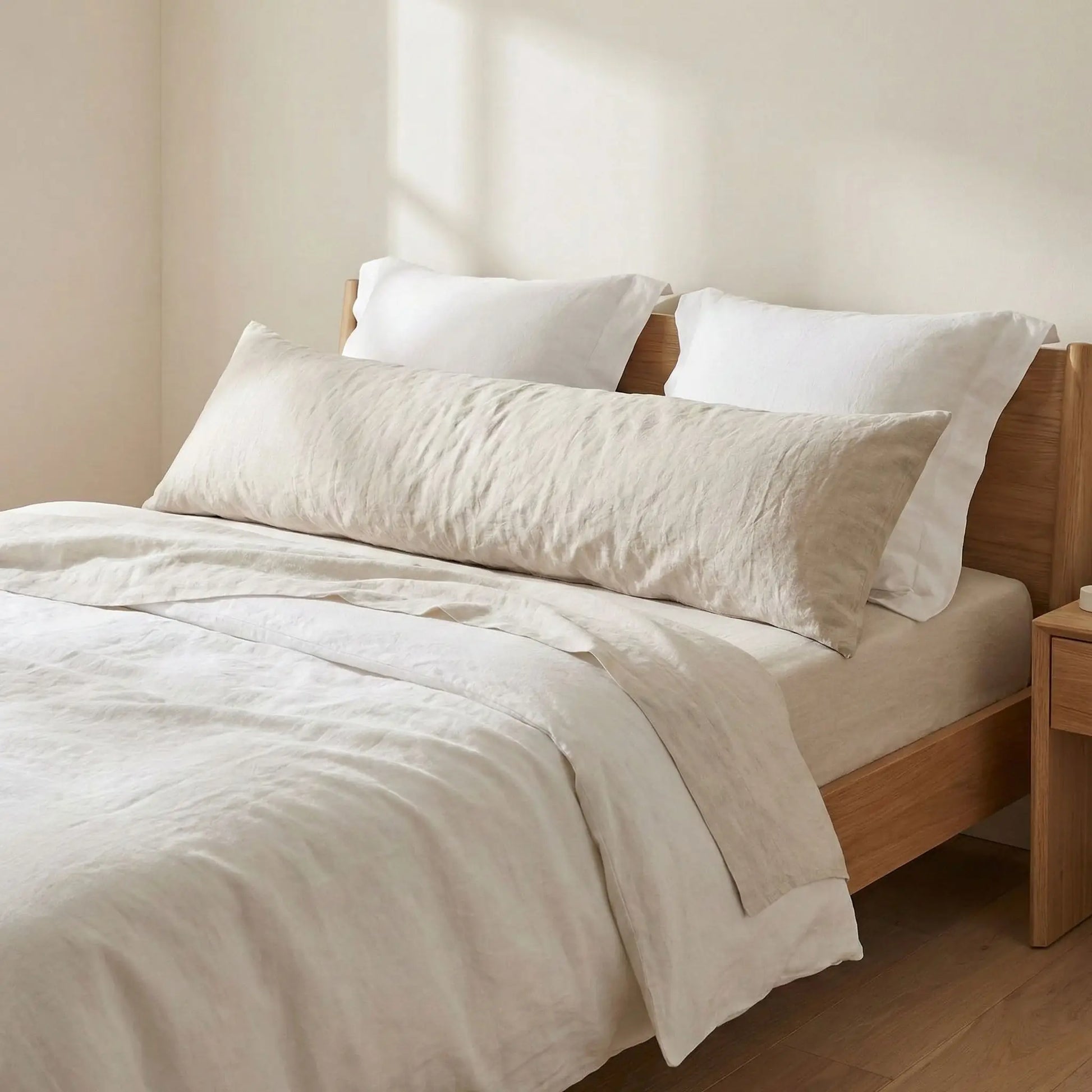 Taies de traversin en lin beige posées sur un lit en bois clair avec linge de lit blanc cassé