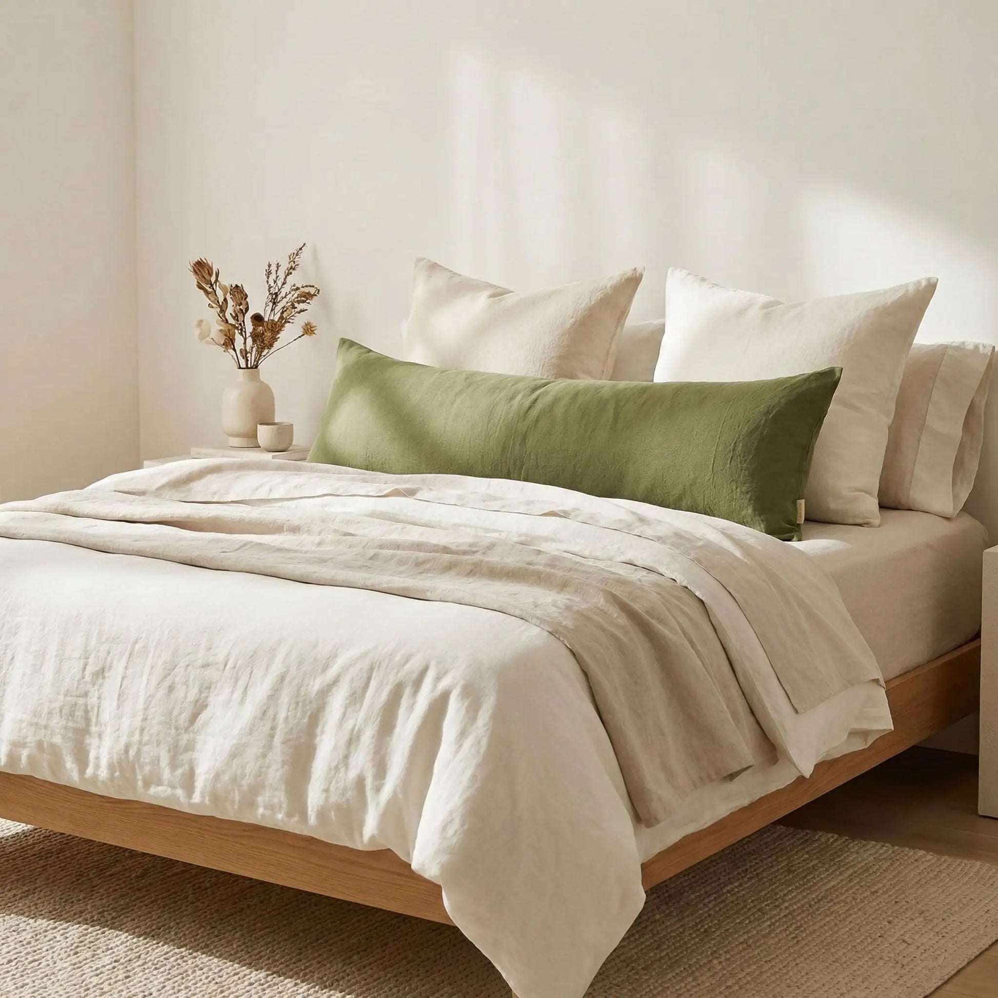 Taies de traversin en lin vert avocat posées sur un lit en bois clair avec linge de lit blanc cassé