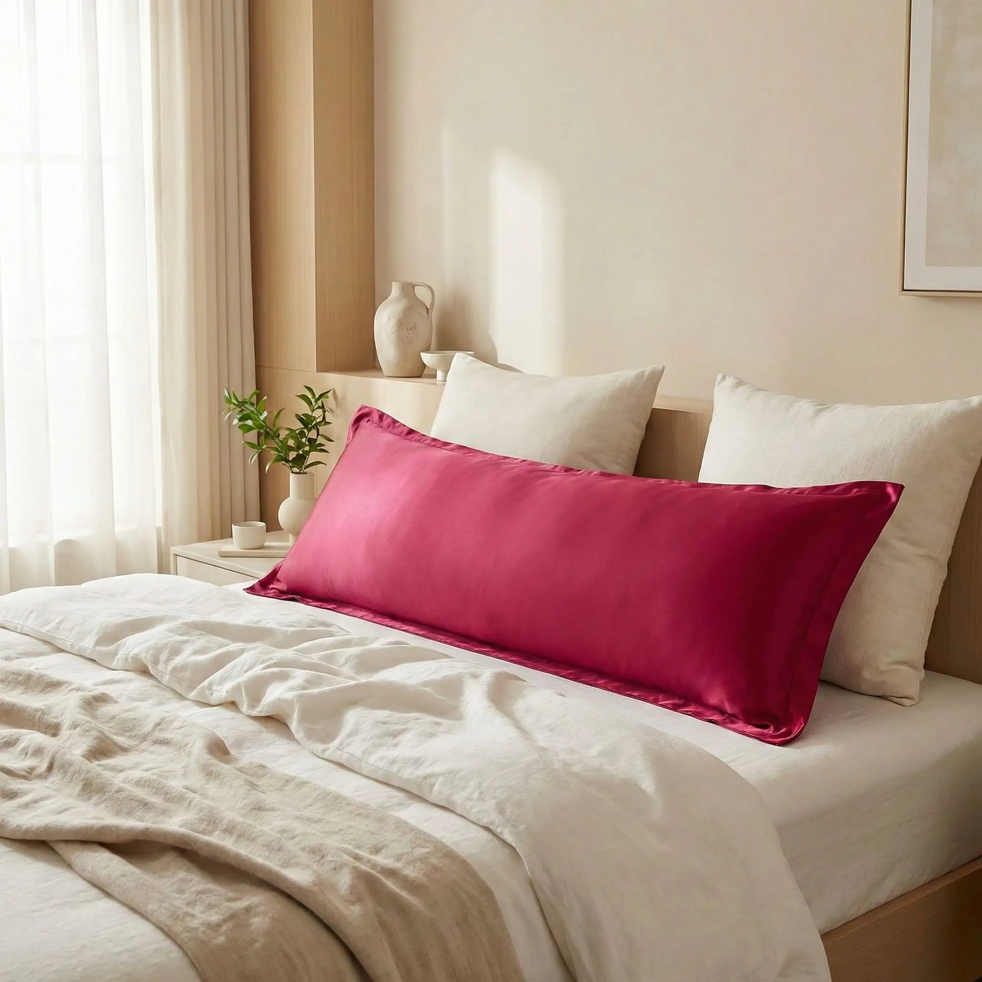 Taies de traversin en satin Rouge framboise posées sur un lit en bois clair avec linge de lit blanc cassé