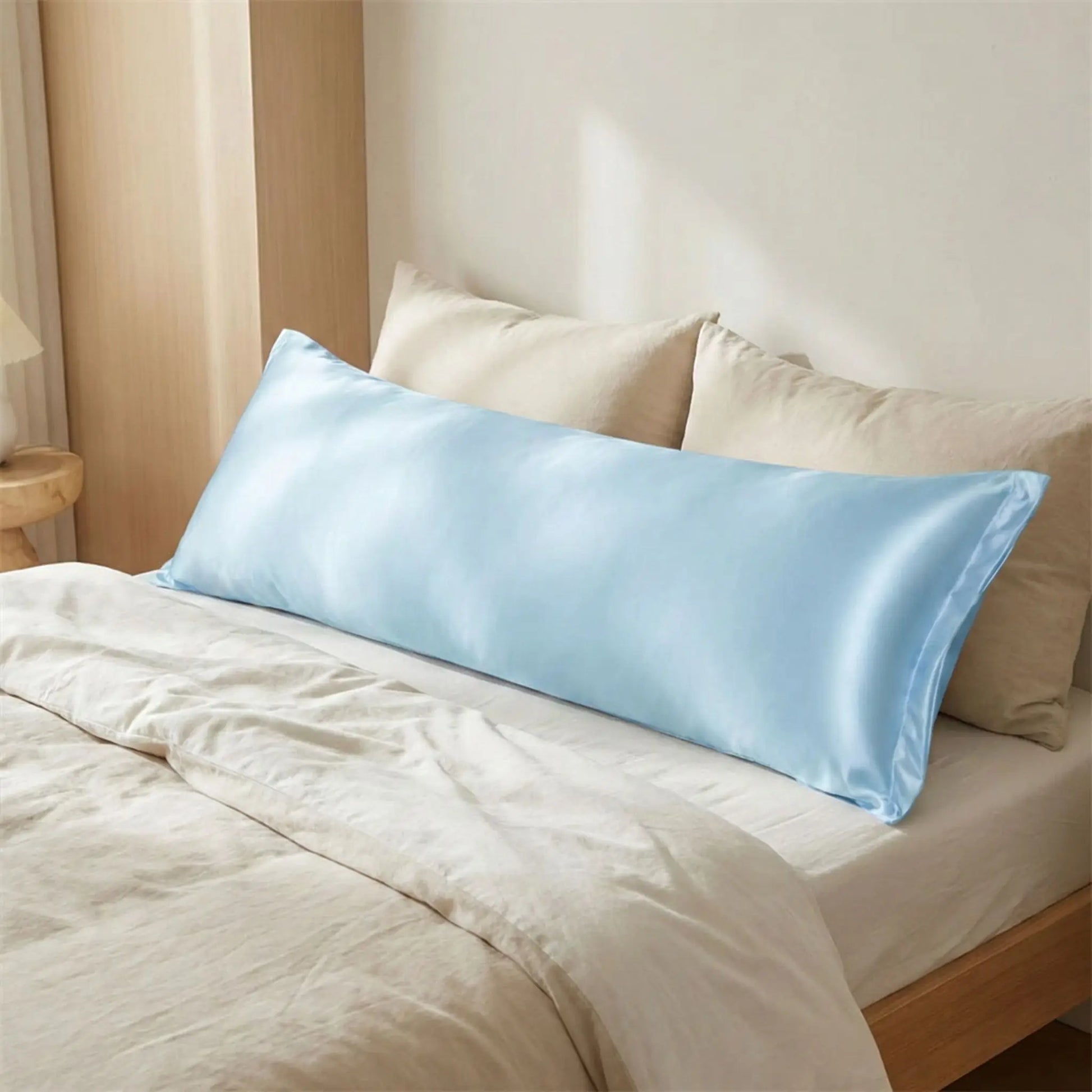 Taies de traversin en satin bleu ciel posées sur un lit en bois clair avec linge de lit blanc cassé