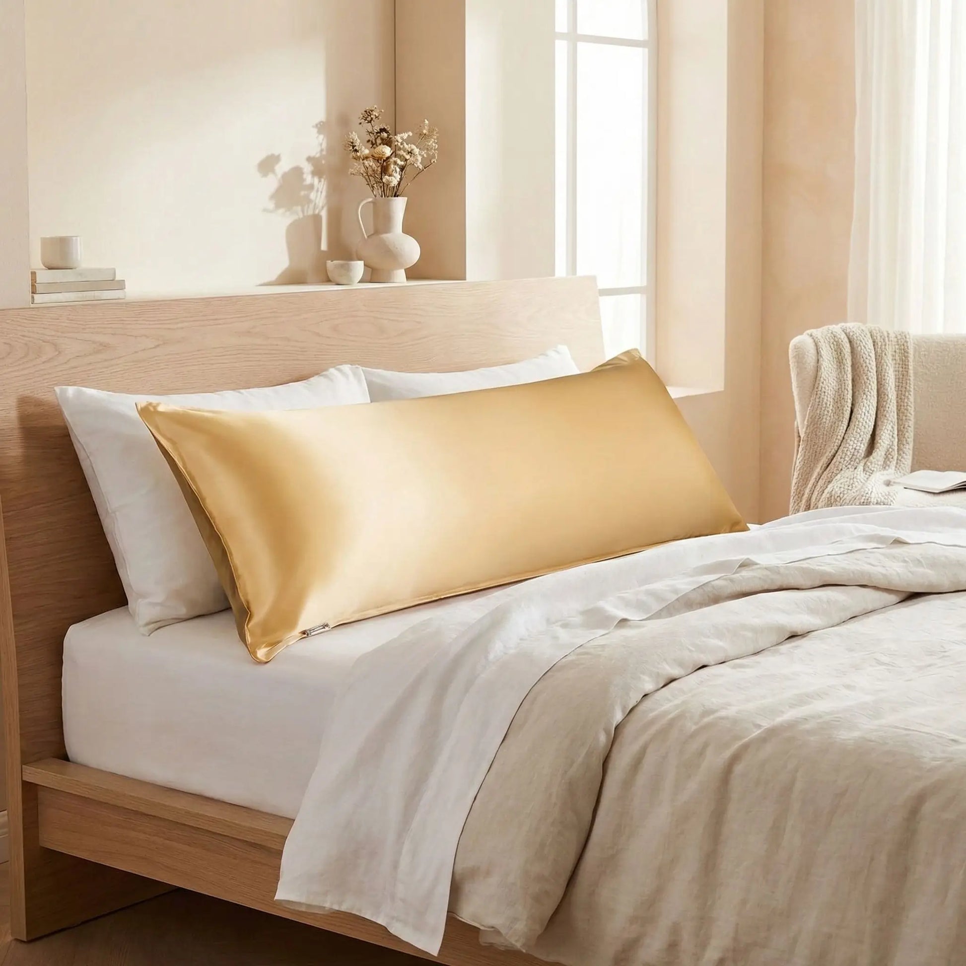 Taies de traversin en satin jaune posées sur un lit en bois clair avec linge de lit blanc cassé