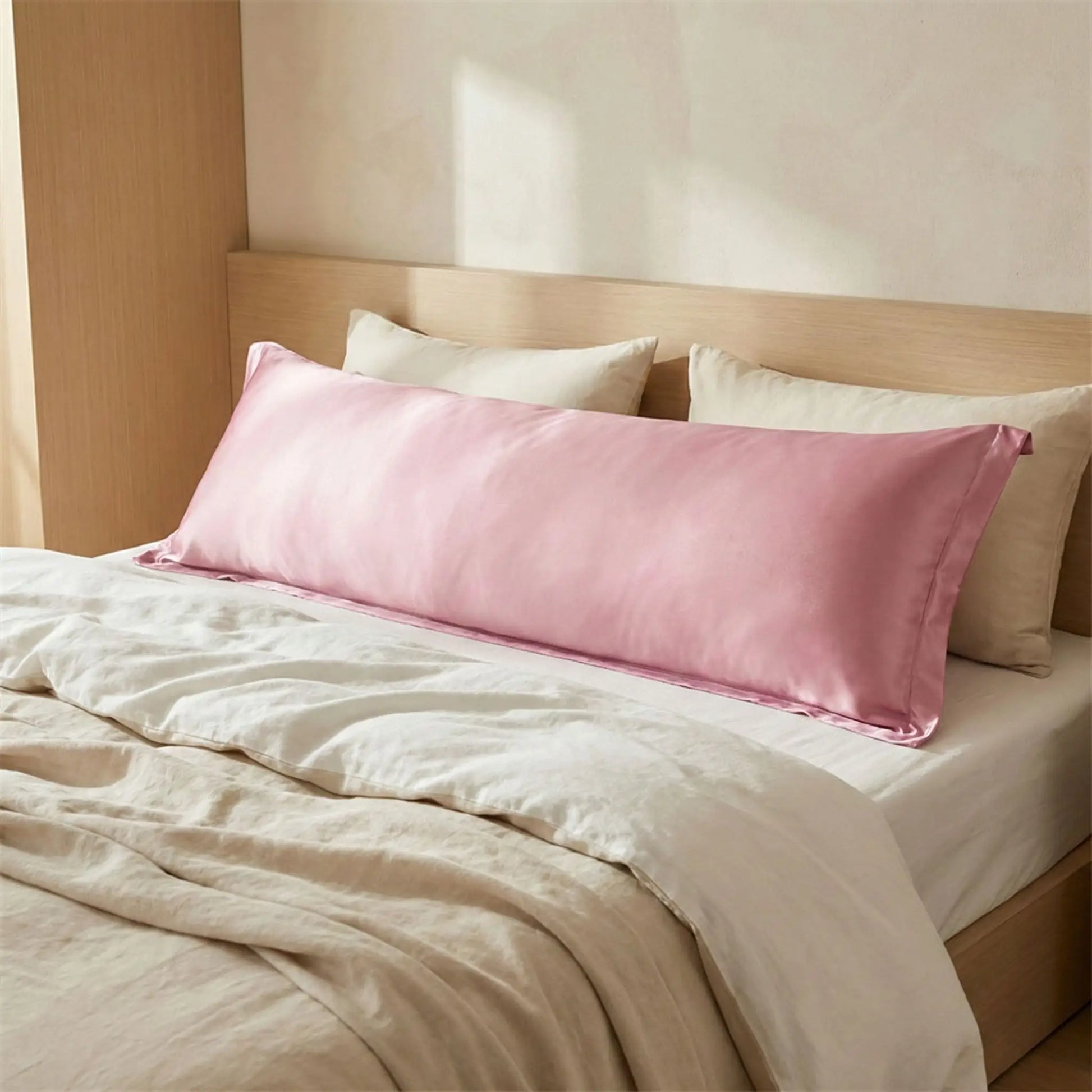 Taies de traversin en satin rose poudrée satinée posées sur un lit en bois clair avec linge de lit blanc cassé