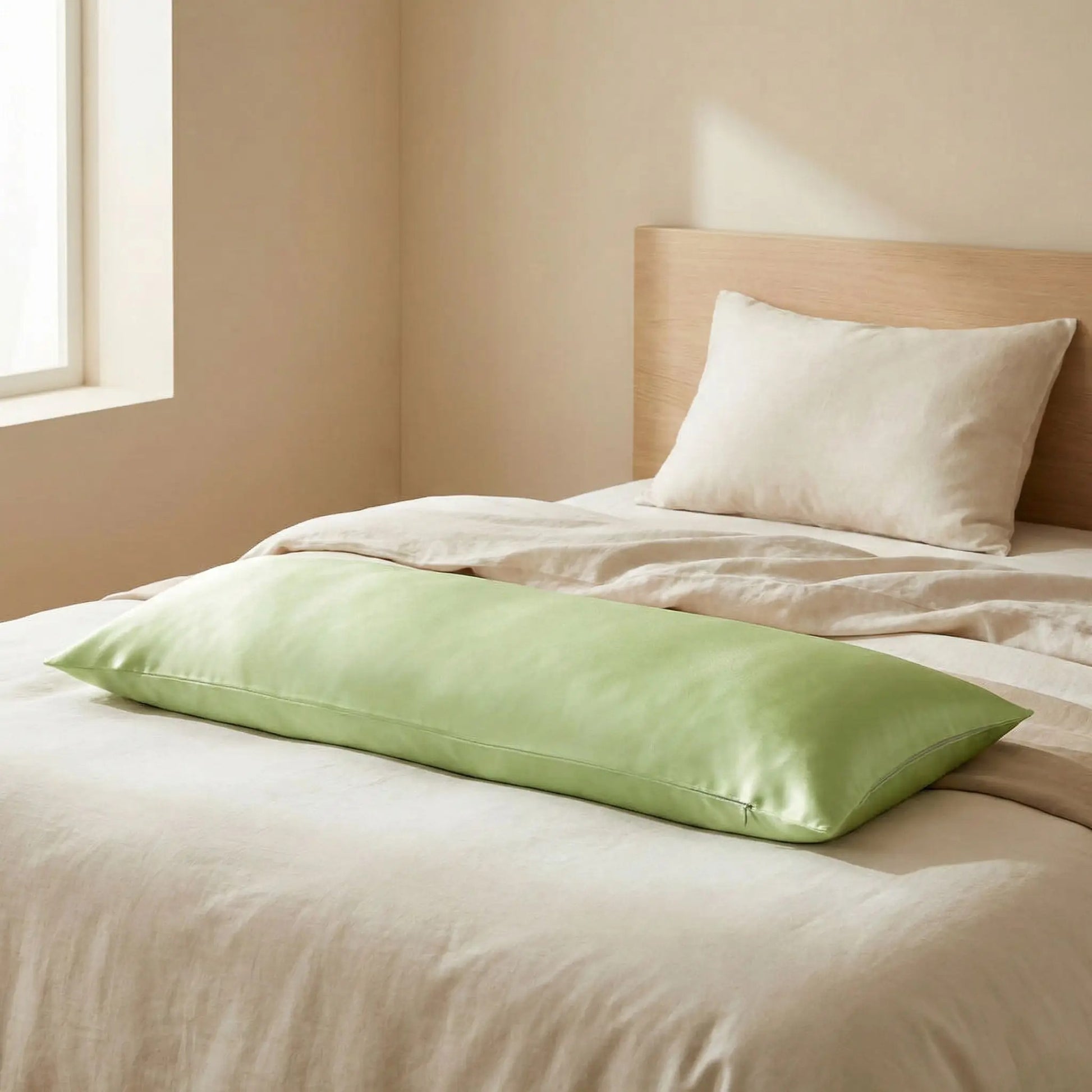 Taies de traversin en soie de mûrier vert pomme posées sur un lit en bois clair avec linge de lit blanc cassé