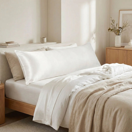 Taies de traversin en soie de mûrier blanches posées sur un lit en bois clair avec linge de lit blanc cassé
