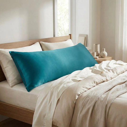 Taies de traversin en soie de mûrier bleu canard posées sur un lit en bois clair avec linge de lit blanc cassé