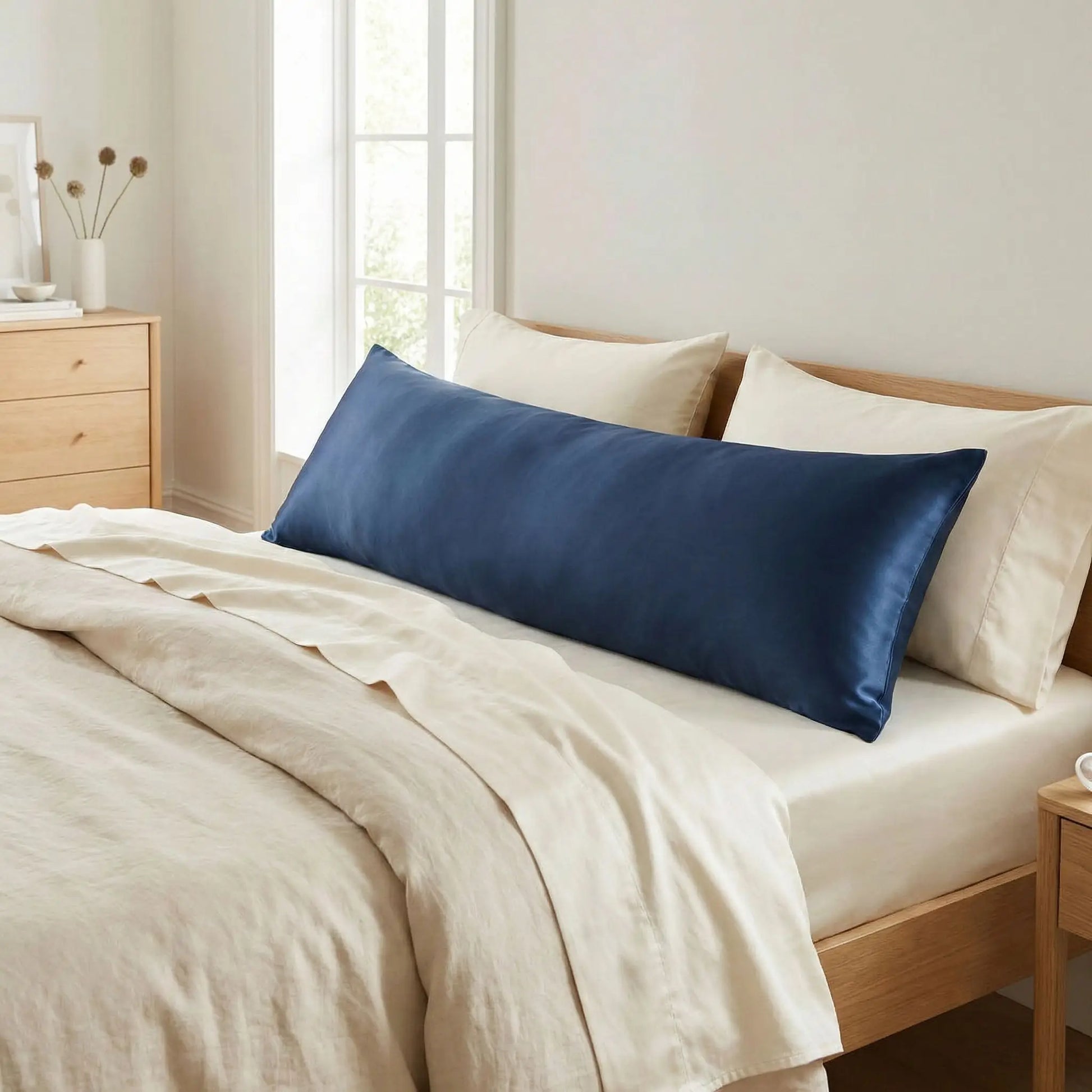 Taies de traversin en soie de mûrier bleu foncé posées sur un lit en bois clair avec linge de lit blanc cassé