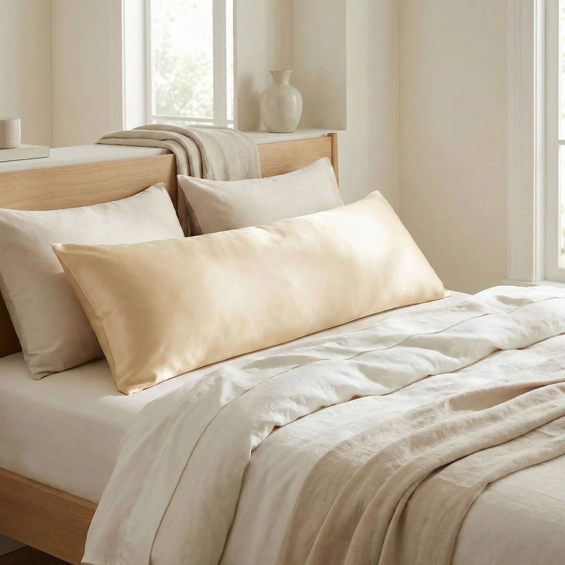 Taies de traversin en soie de mûrier champagne posées sur un lit en bois clair avec linge de lit blanc cassé