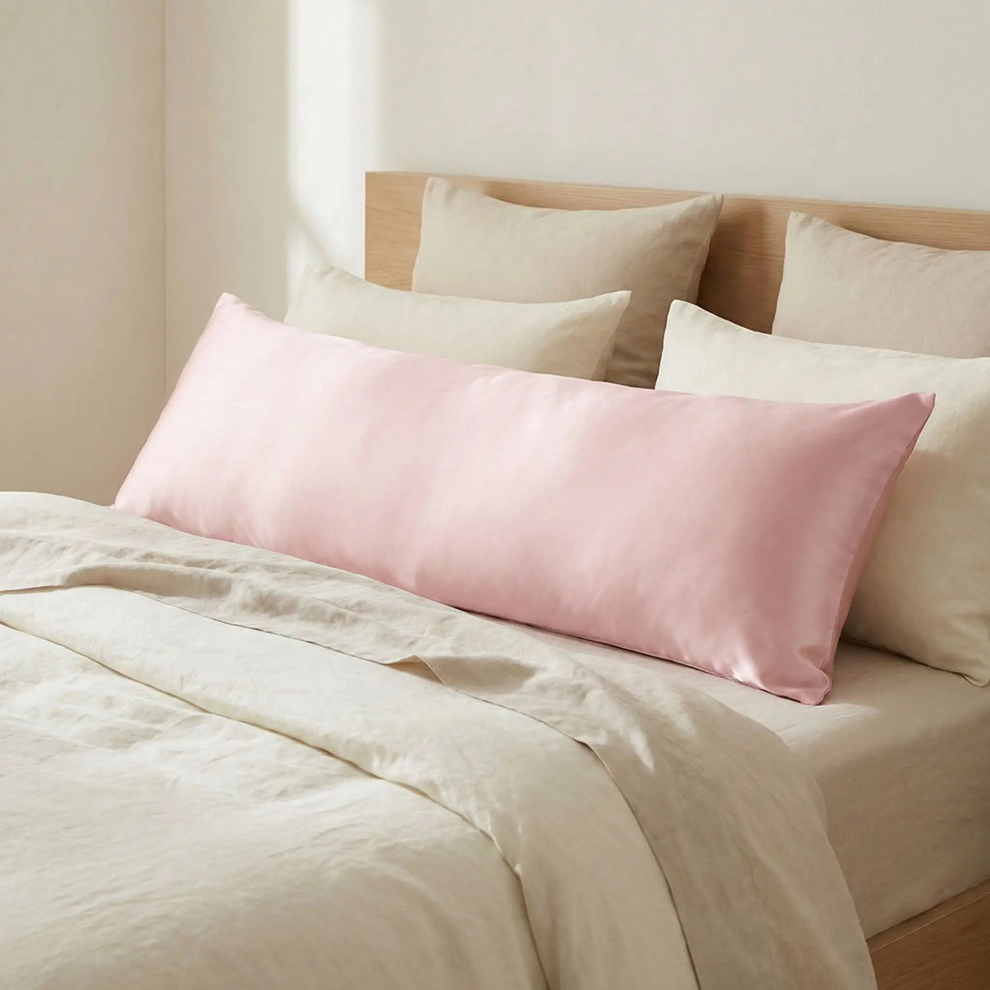 Taies de traversin en soie de mûrier rose posées sur un lit en bois clair avec linge de lit blanc cassé