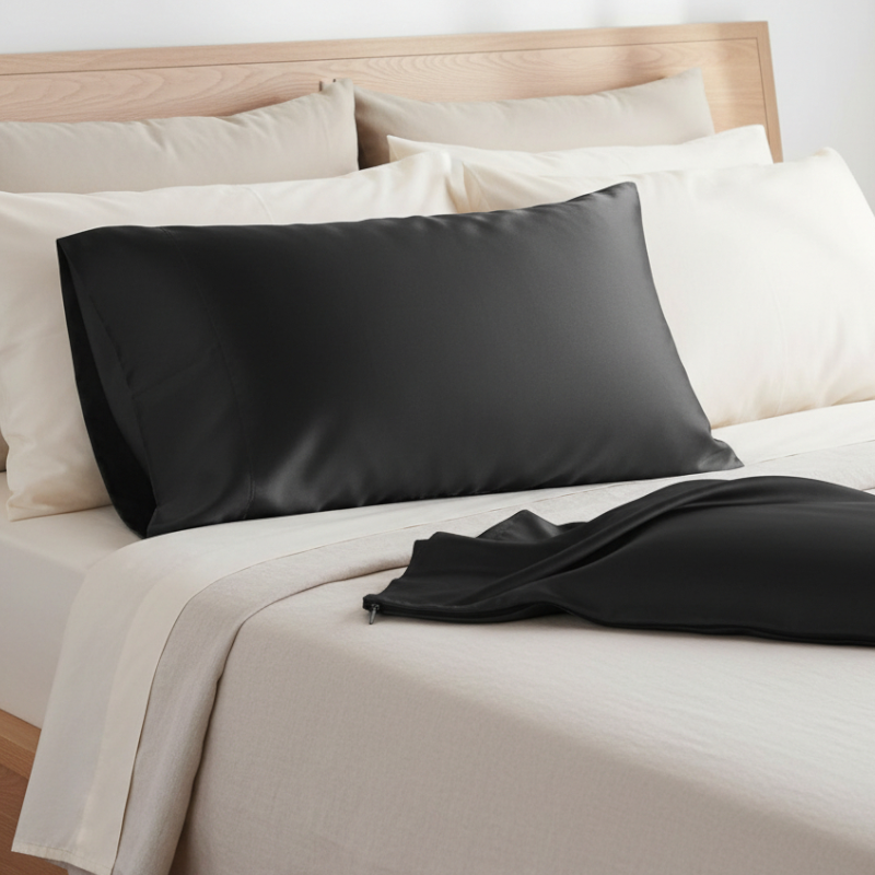 Taies d’oreiller en satin noir posées sur un lit en bois clair avec linge de lit blanc cassé ambiance lumineuse et naturelle