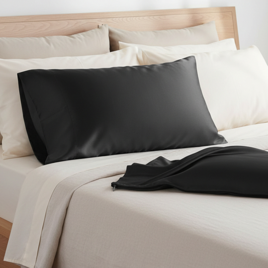 Taies d’oreiller en satin noir posées sur un lit en bois clair avec linge de lit blanc cassé ambiance lumineuse et naturelle